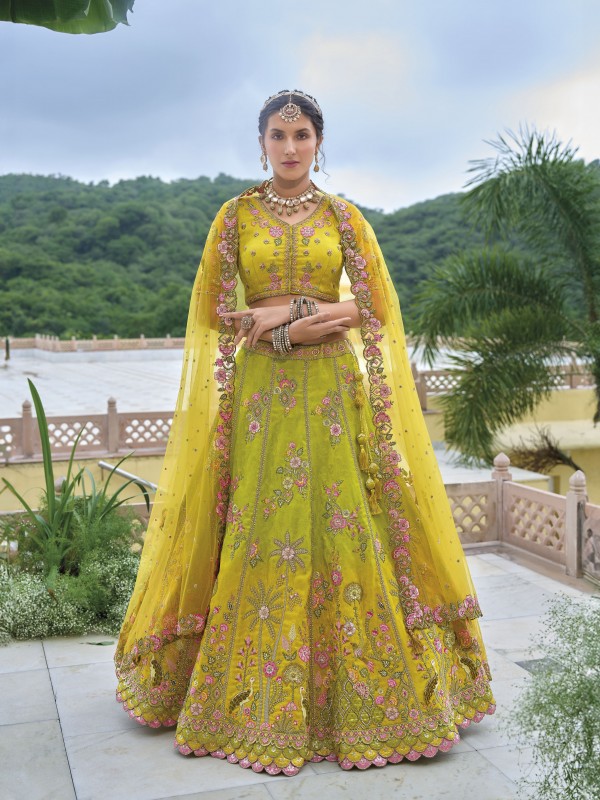 Pure Dola Silk Wedding Lehenga in Yellow Color With Embroidery work