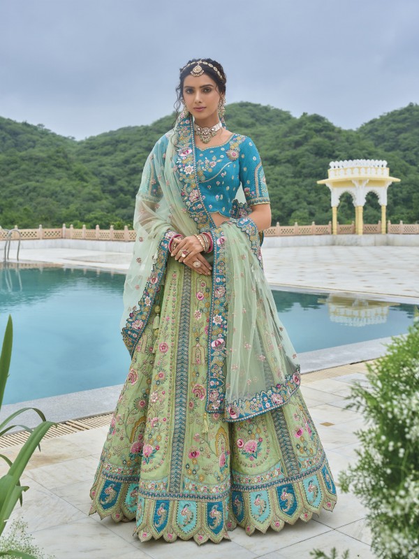 Pure Dola Silk Wedding Lehenga in Pastel Green Color With Embroidery work