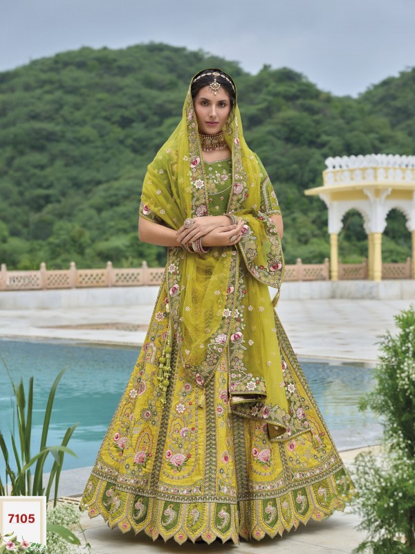 Pure Dola Silk Wedding Lehenga in Mustard Color With Embroidery work
