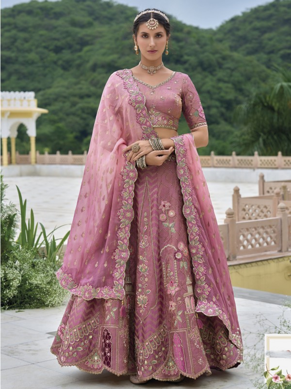 Pure Dola Silk Wedding Lehenga in Pink Color With Embroidery work