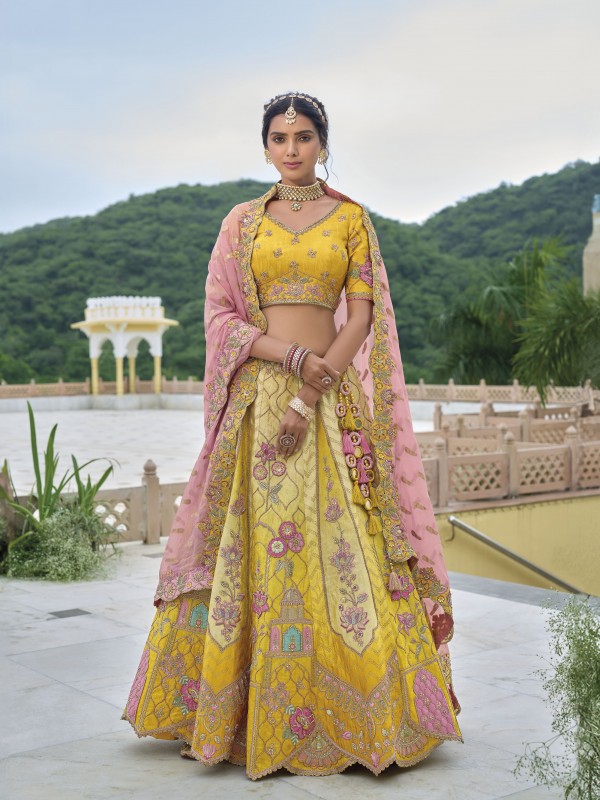 Pure Dola Silk Wedding Lehenga in Yellow Color With Embroidery work