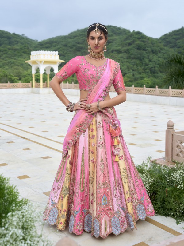 Pure Dola Silk Wedding Lehenga in Pink Color With Embroidery work