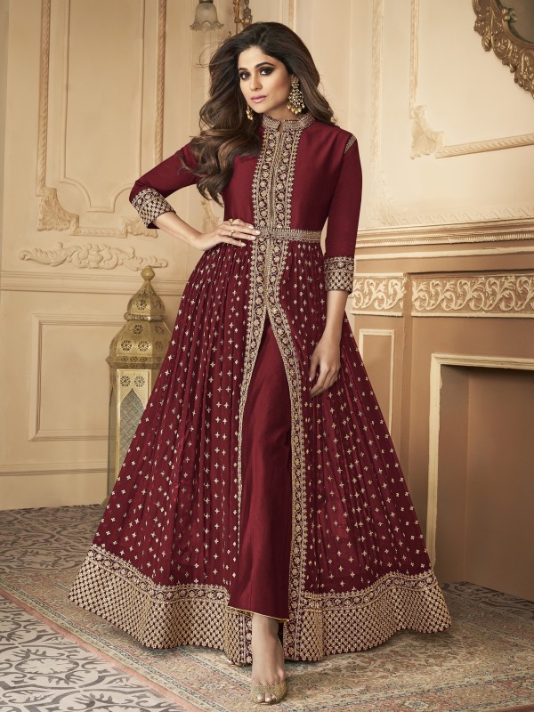  Georgette party Wear Readymade Anarkali Suit In Maroon With Embroidery Work