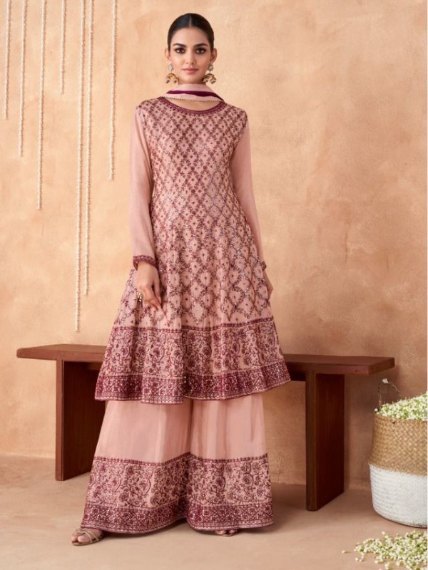 Pure Georgette Party Wear Sarara in Peach Color with  Embroidery Work