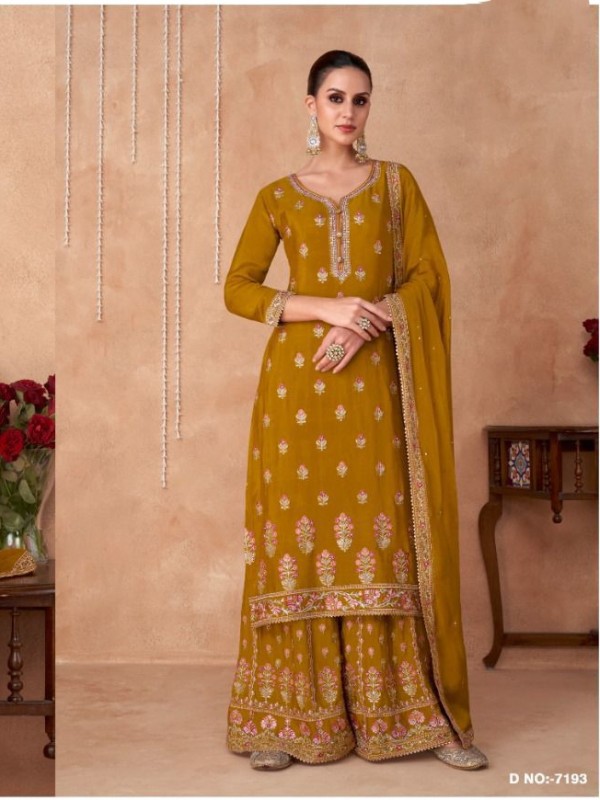 Pure Georgette Party Wear Sarara in Mustard Color with  Embroidery Work