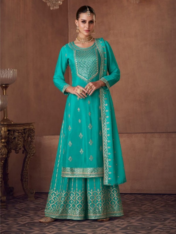 Pure Chinon Party Wear Sharara In Sea Blue With Embroidery Work 