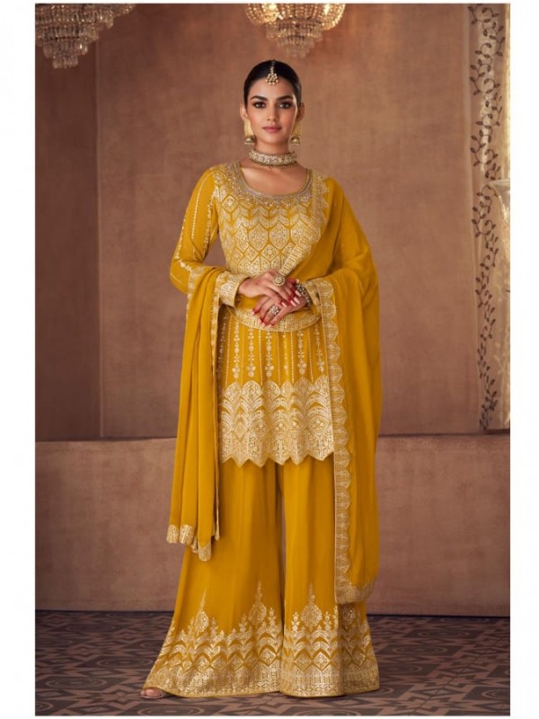 Pure Georgette Party Wear Sharara In Yellow With Embroidery Work 