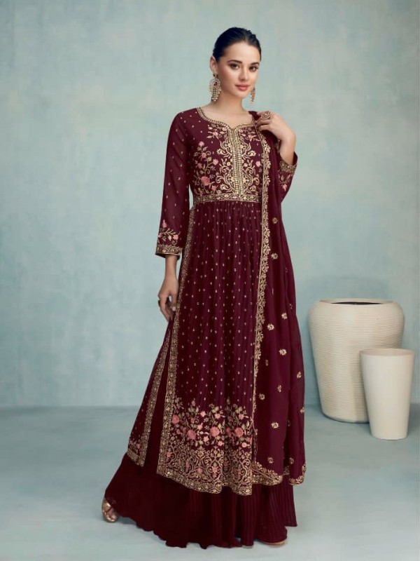 Pure Georgette  Party Wear Plazo  in Maroon Color with  Embroidery Work