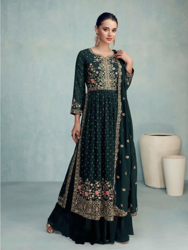 Pure Georgette  Party Wear Plazo  in Teal Green Color with  Embroidery Work