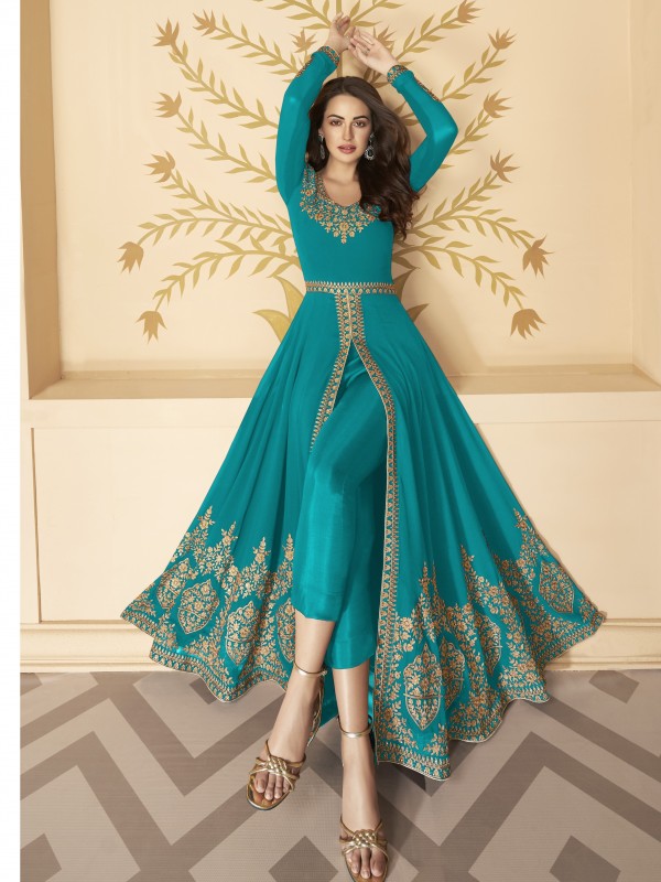Heavy Real Georgette Party Wear  Gown In Turquoise Color With Embrodiery Work