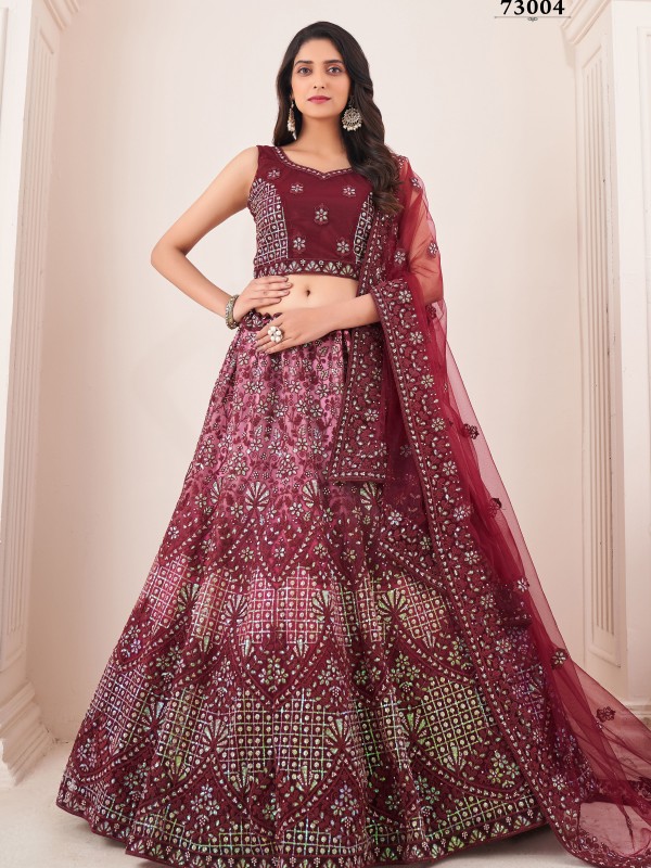 Soft Premium Net Fabrics  Wedding Wear Lehenga in Burgundy Color With Embroidery Work