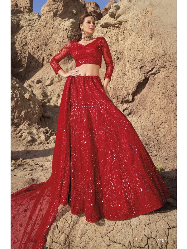 Soft Premium Net Wedding Wear Lehenga In Red Color  With Embroidery Work