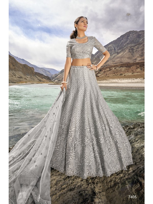 Pure Organza Wedding Wear Lehenga In Grey Color  With Embroidery Work