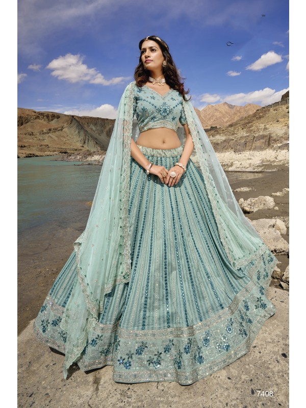 Pure Georgette Wedding Wear Lehenga In Blue Color  With Embroidery Work