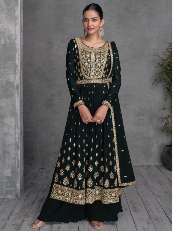 Pure Georgette Party Wear Plazo in Black Color with  Embroidery Work