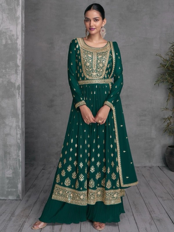Pure Georgette Party Wear Plazo in Teal Green Color with  Embroidery Work