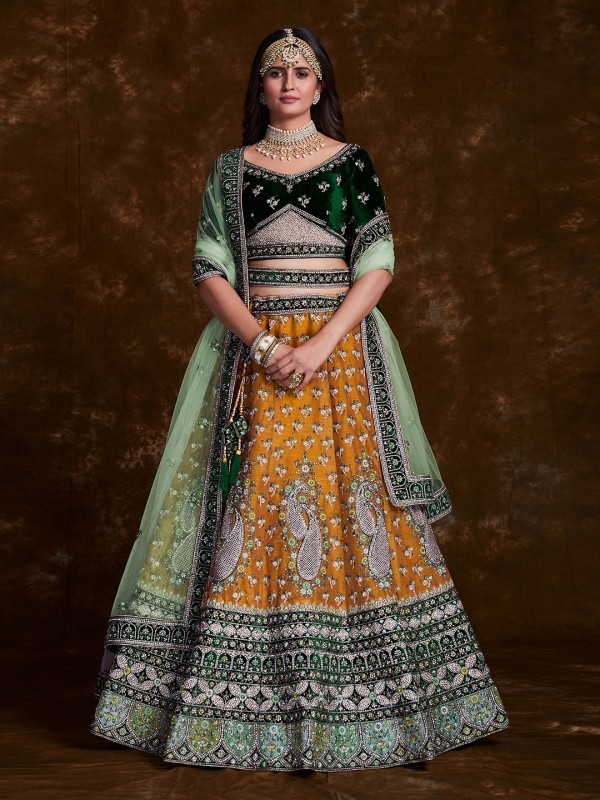 Pure Micro Velvet Wedding Wear Lehenga In Mustard Color  With Embroidery Work