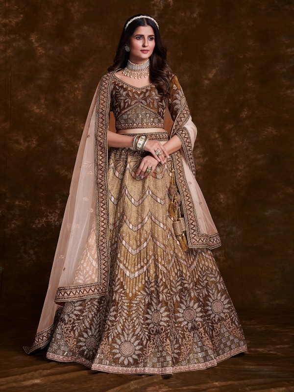 Art Silk Wedding Wear Lehenga In Brown Color  With Embroidery Work