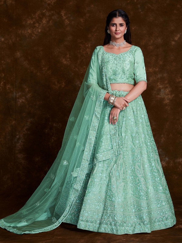 Organza Silk Wedding Wear Lehenga In Sea Green Color  With Embroidery Work