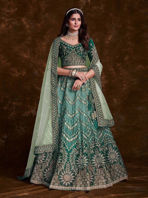 Art Silk Wedding Wear Lehenga In Turquoise Color  With Embroidery Work
