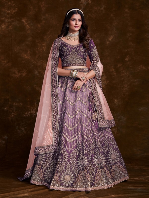 Art Silk Wedding Wear Lehenga In Purple Color  With Embroidery Work
