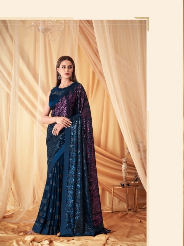 Georgette Party wear Saree Blue Color With Embroidery Work