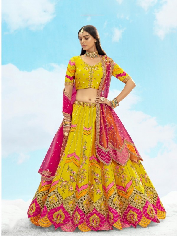 Fancy Silk Wedding Wear Lehenga in Yellow Color With Embroidery work