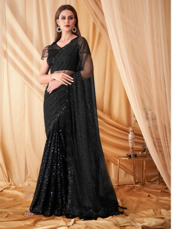 Georgette Party wear Saree Black Color With Embroidery Work