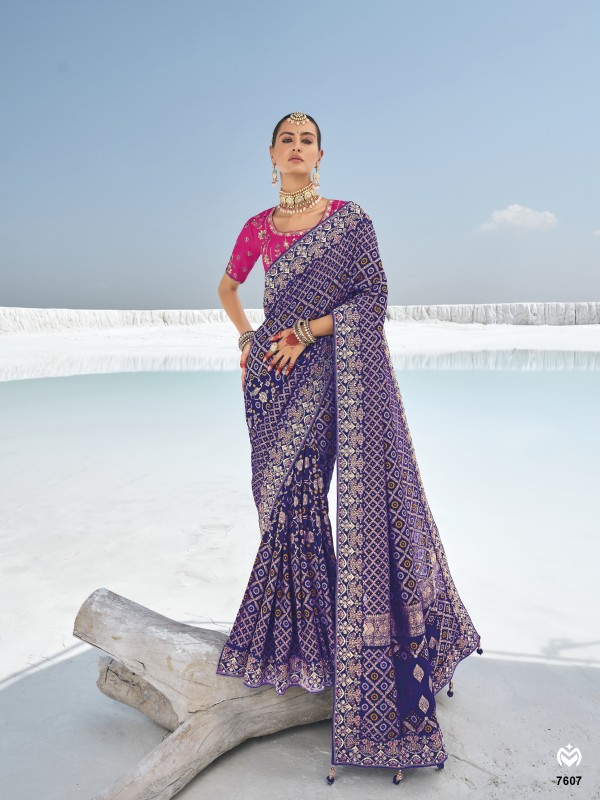 Pure Georgette Bandhani Patola Silk Fabric Wedding wear Saree In Blue Color With Embroidery Work