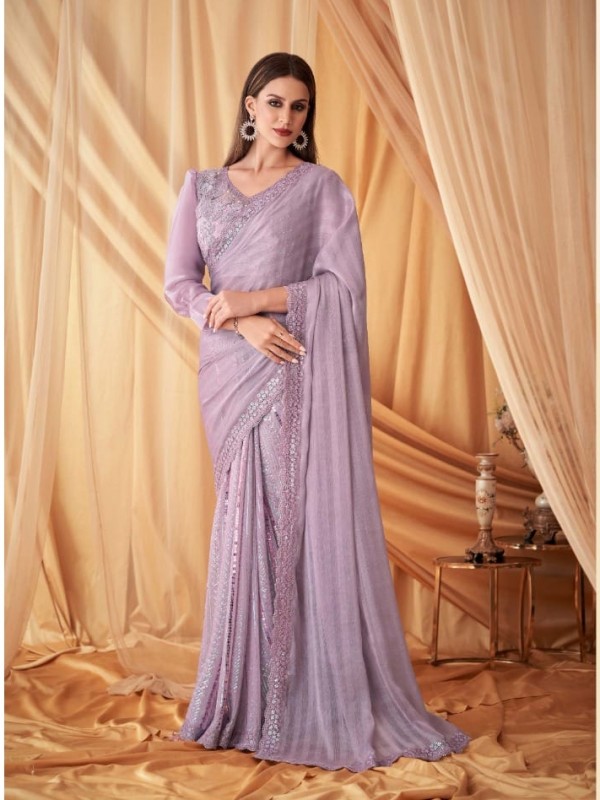Georgette  Party wear Saree Lavender Color With Embroidery Work