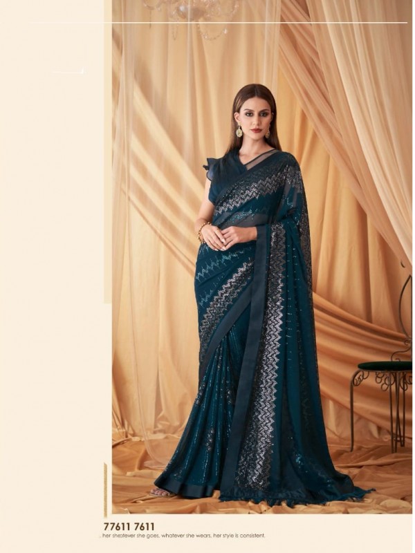 Georgette  Party wear Saree Teal  Blue Color With Embroidery Work