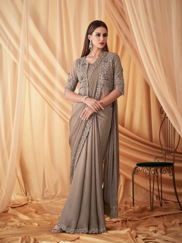 Georgette Party wear Saree Beige Color With Embroidery Work