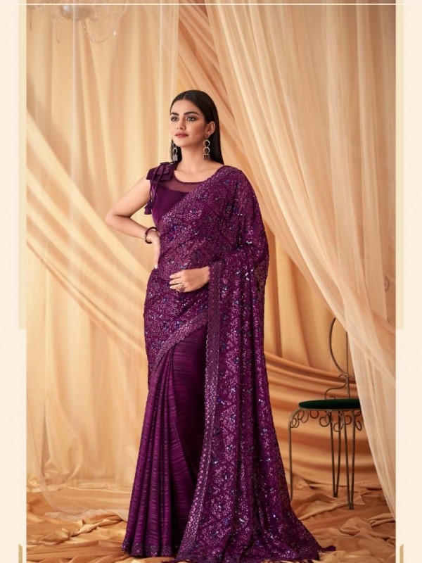 Georgette Party wear Saree Purple Color With Embroidery Work