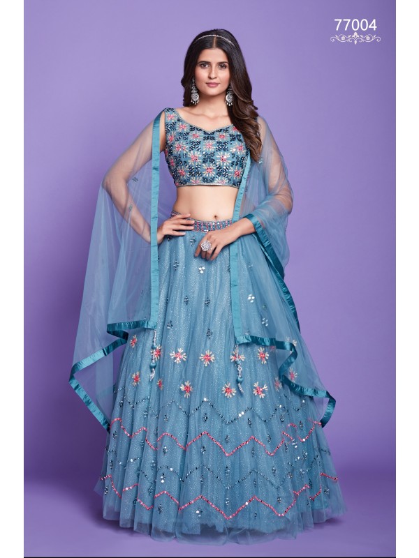  Silk  Party  Wear Lehenga In Blue Color With Embroidery Work 