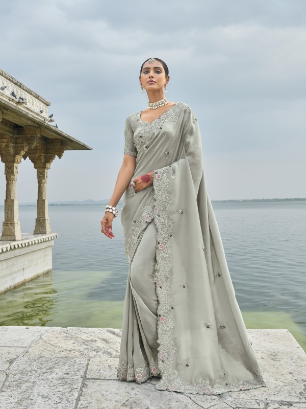 Pure Banarasi Silk Fabric Wedding wear Saree In Grey Color With Embroidery Work