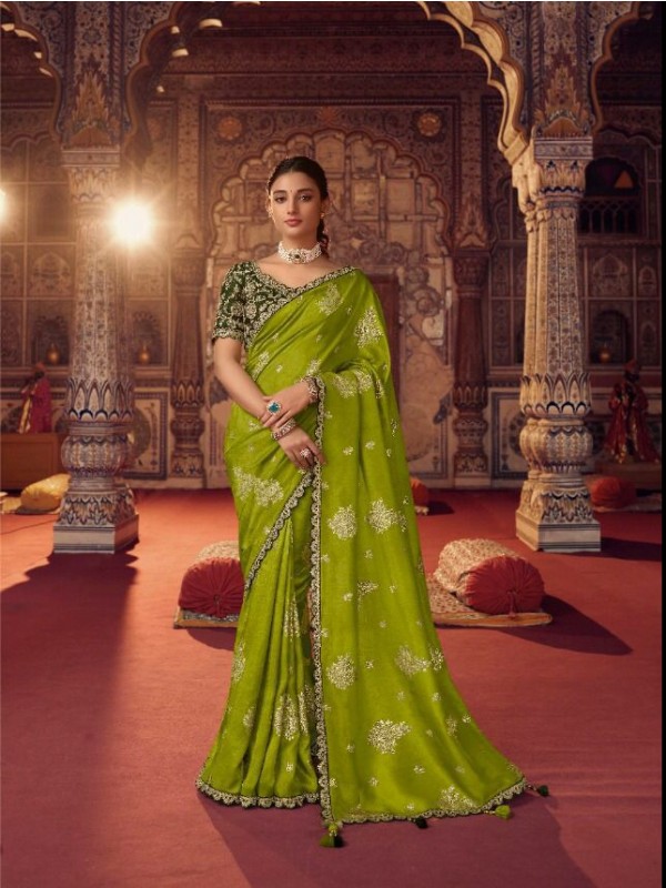 Dola Silk  Saree Green Color With Embroidery Work