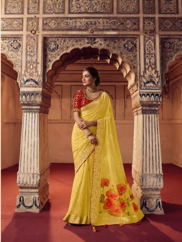 Dola Silk  Saree Yellow Color With Embroidery Work