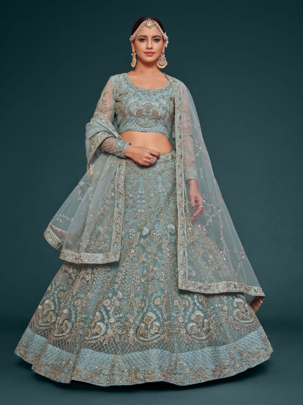 Soft Premium Net Wedding Wear Lehenga In Sea Blue  Color  With Embroidery Work