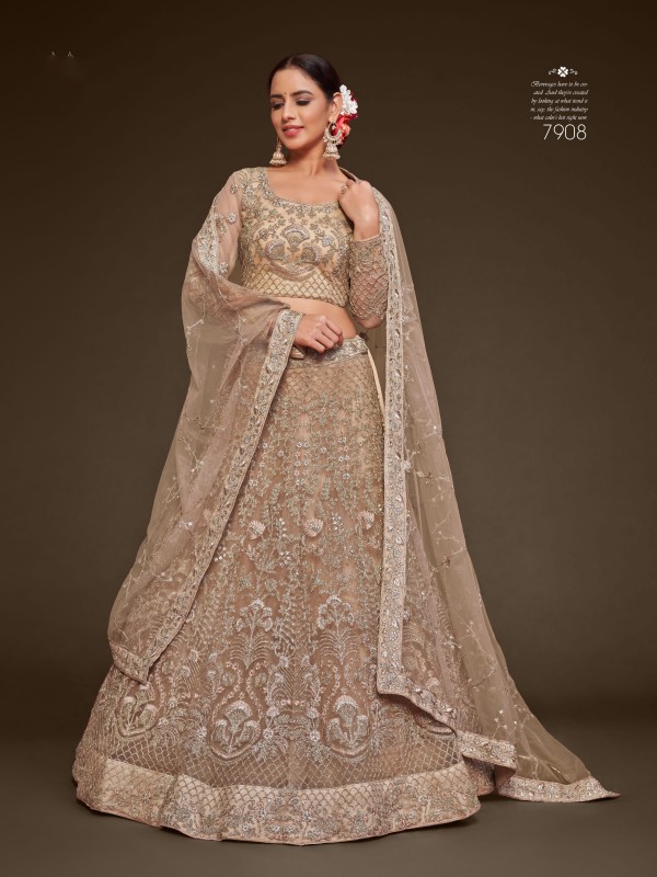Soft Premium Net Wedding Wear Lehenga In Beige  Color  With Embroidery Work