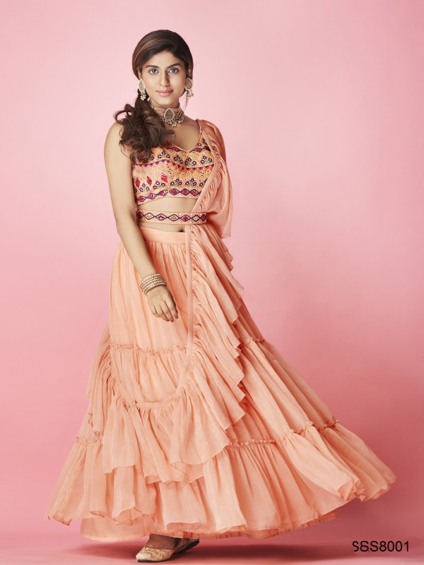 Chiffon Fabrics Party Wear Lehenga in Peach Color With Embroidery Work 
