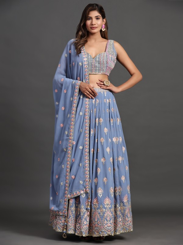 Georgette  Fabrics Party Wear Lehenga in Blue Color With Embroidery Work 