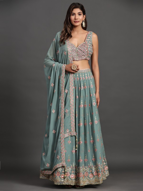 Georgette  Fabrics Party Wear Lehenga in Grey Color With Embroidery Work 