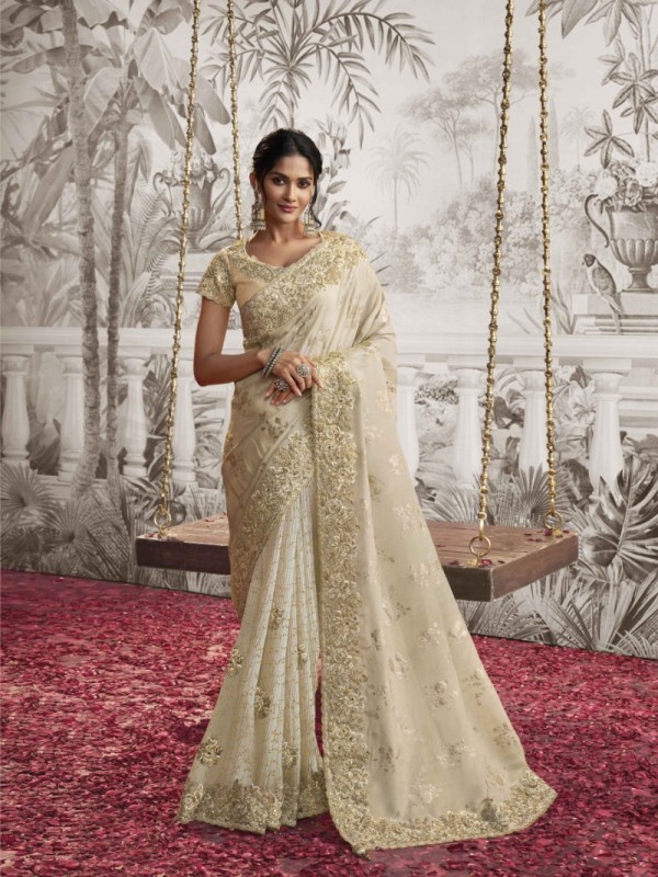 Soft Silk Wedding wear Saree Off White Color With Embroidery Work