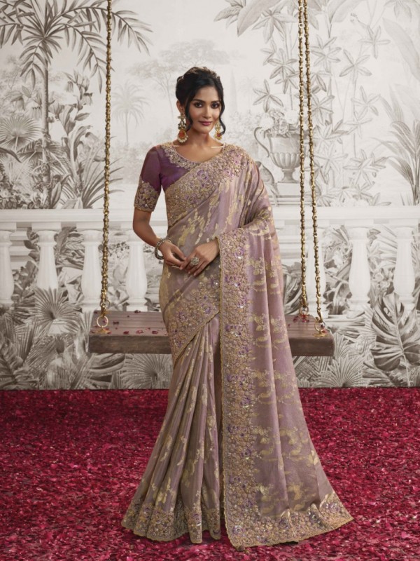 Soft Silk Wedding wear Saree Light Purple Color With Embroidery Work