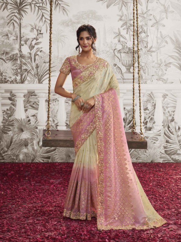 Soft Silk Wedding wear Saree Cream & Pink  Color With Embroidery Work
