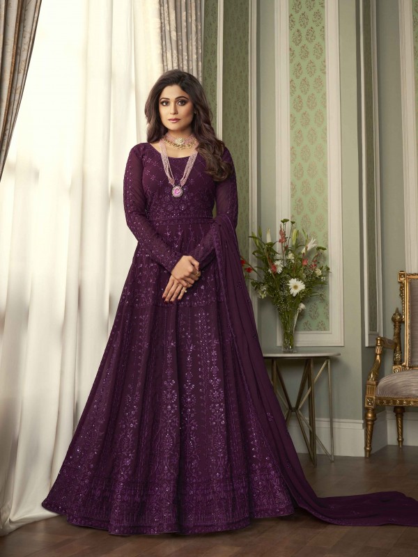 Pure Georgette Fabrics Party Wear Readymade Gown In Violet Color With Embroidery Work