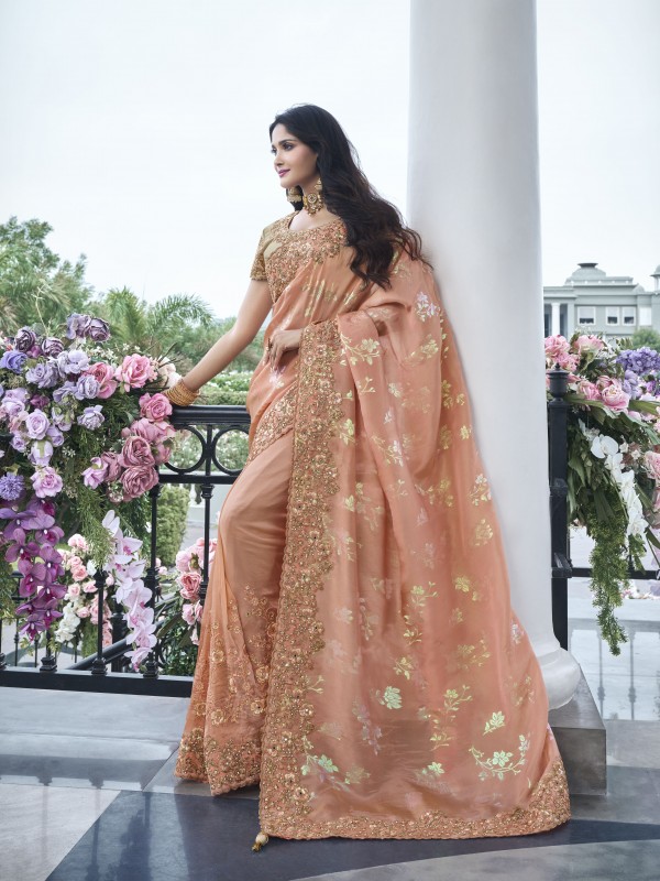Pure Tissue Silk Wedding wear Peach Color With Embroidery Work