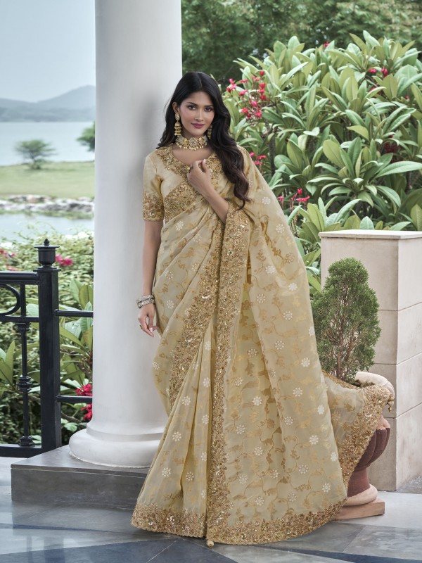 Pure Tissue Silk Wedding wear Golden Color With Embroidery Work