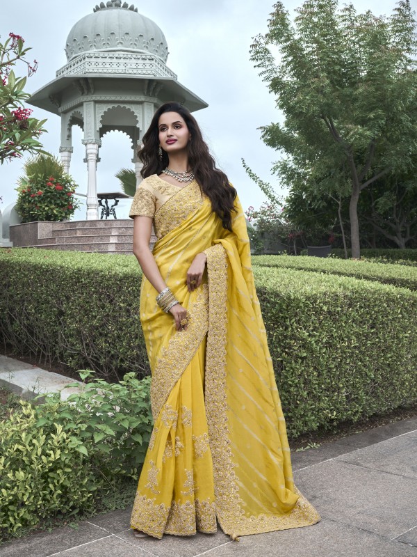 Pure Tissue Silk Wedding wear Yellow Color With Embroidery Work