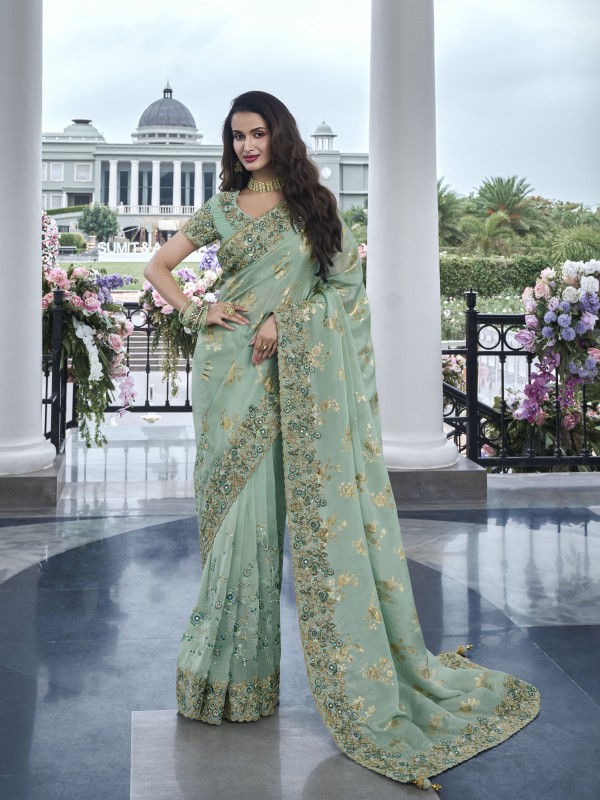 Pure Tissue Silk Wedding wear Pastel Green Color With Embroidery Work